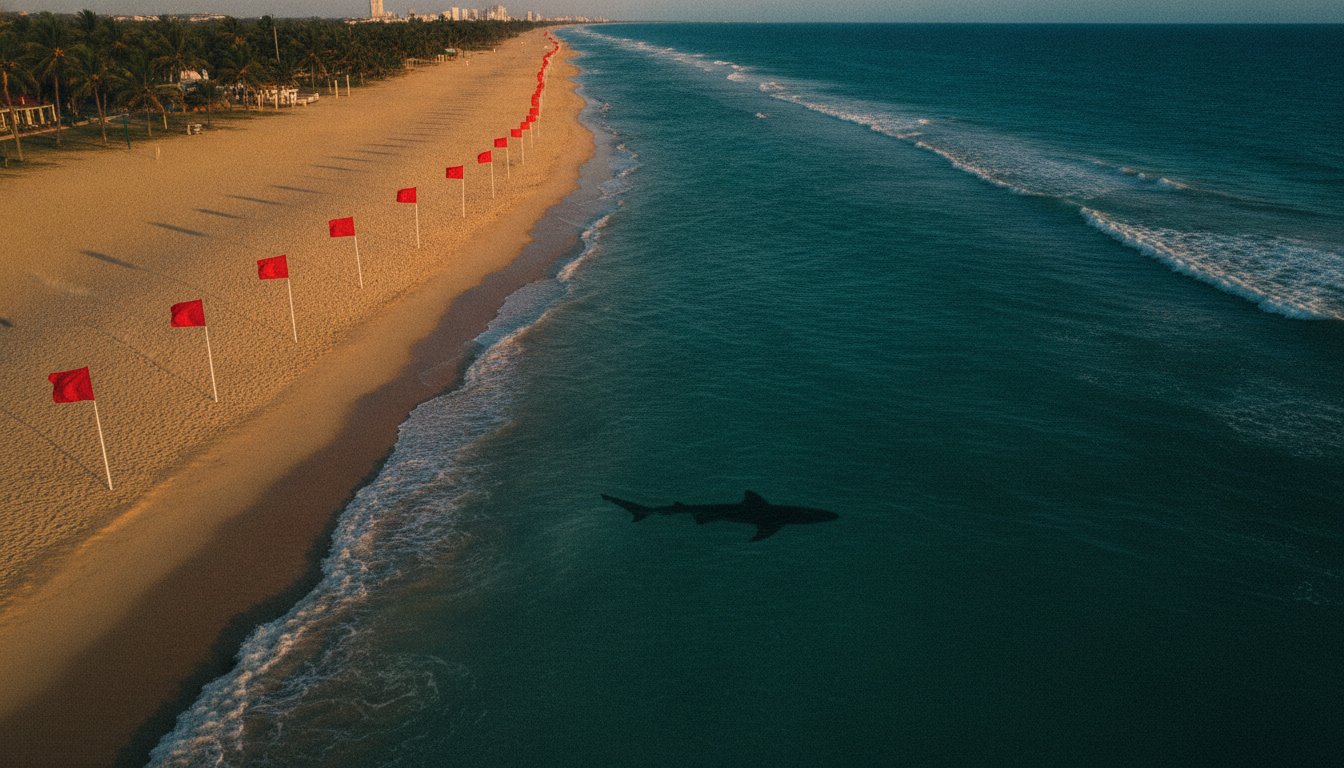 A cinematic aerial shot of a tropical beach in Recife, Brazil, with turquoise waters and golden sand, featuring red warning flags prominently placed along the shoreline, a dark silhouette of a shark visible beneath the water surface near the coast, high resolution, dramatic lighting.